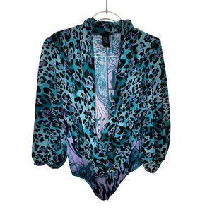 Sexy Blue Purple Animal Print Bodysuit With Plunging Neckline Bisou Bisou Large